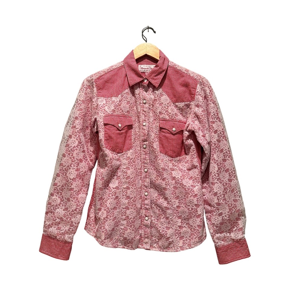 Panhandle Slim Lace Overlay Western Pearl Snap Shirt Red Gingham Medium Cowgirl
